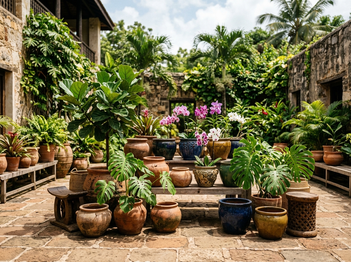 Artisanal terracotta pots arranged on veranda
