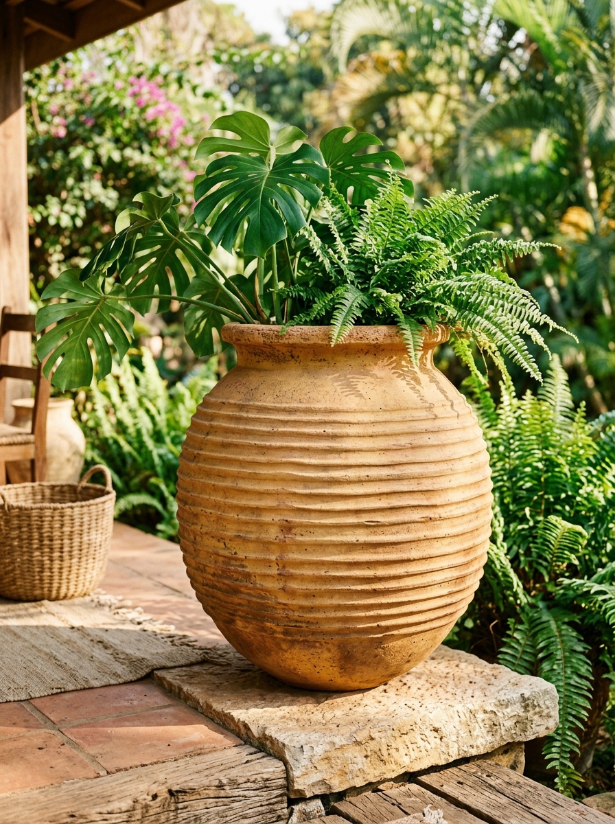 Artisanal Ribbed Terracotta Urn